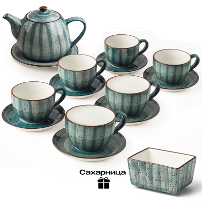 Чайный сервиз зеленый на 6 персоны + сахарница в подарок!