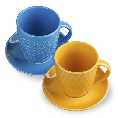 Набор из двух кружек с блюдцами, 350 мл, Жёлтая/ Синяя, каменная керамика (арт. HL1254880-HL940870)