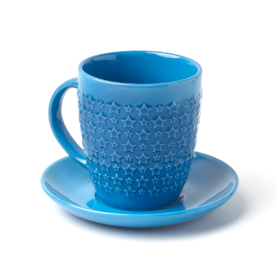 Кружка с блюдцем "Звезда" синяя, глянцевая, 350 мл, каменная керамика (JET, арт. HL940890 1734508)