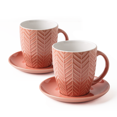 Набор из двух кружек с блюдцами "Елочка" розовый, глянцевый, 350 мл, каменная керамика (JET, арт. HL1254890-17189634 HL495140-17189639)