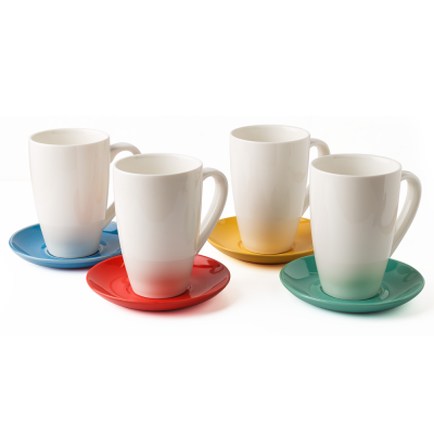 Набор из четырех кружек с цветными блюдцам, глянцевый, 450 мл, фарфор (JET)